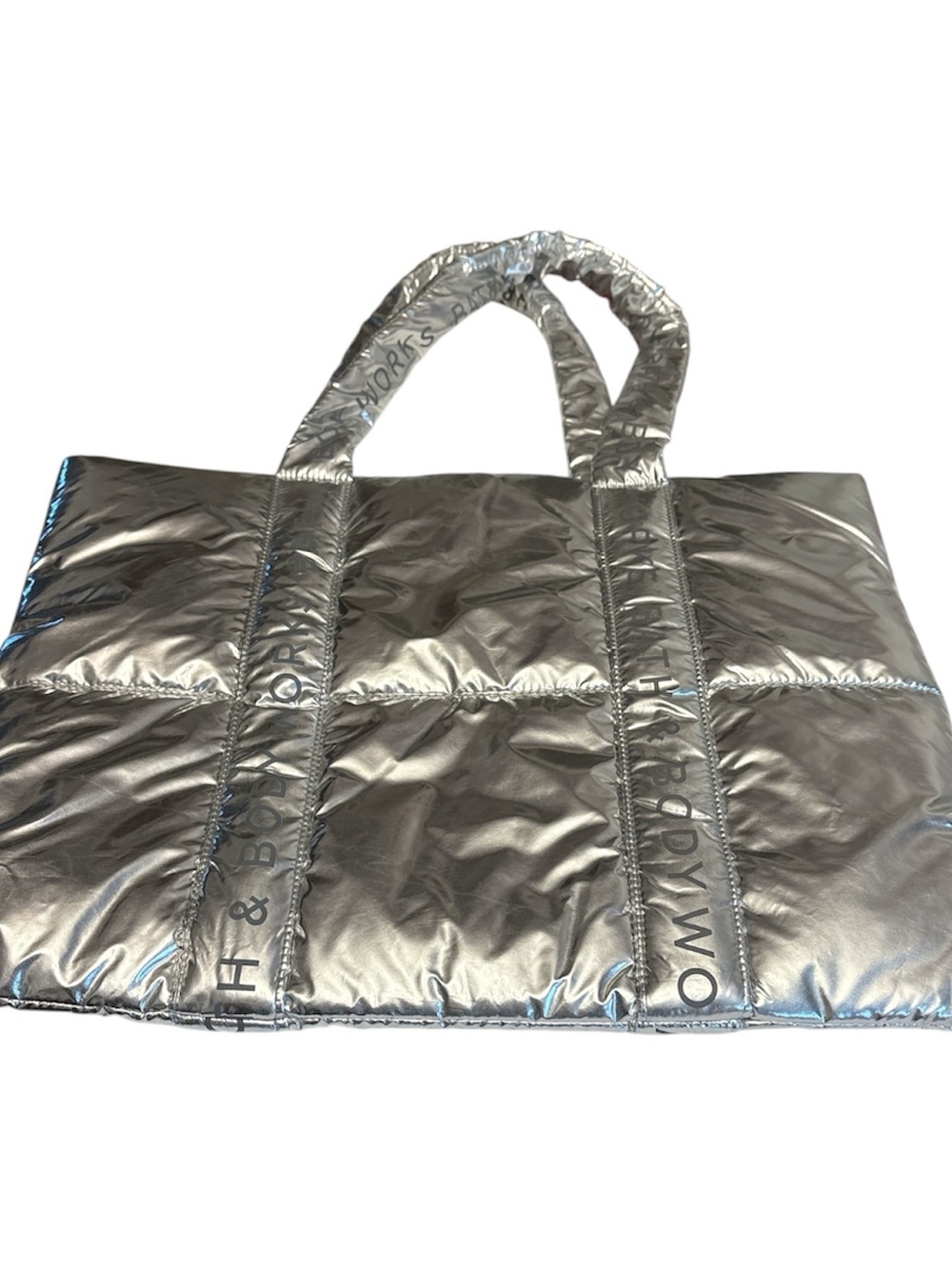 Bath & Body Works Metallic Silver Quilted Puffer Tote 14.5 by 19.5 NWT